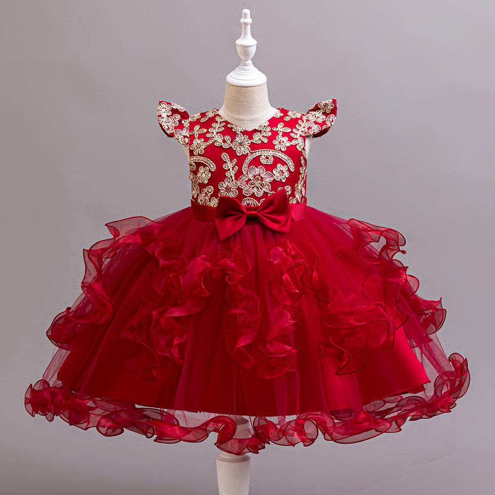 Children's Princess Dresses Gowns Flower Girl Sequins Pom Pom Dresses Walking Show Performance Clothing Girls Lace Dresses  Girl's Favourite Dress