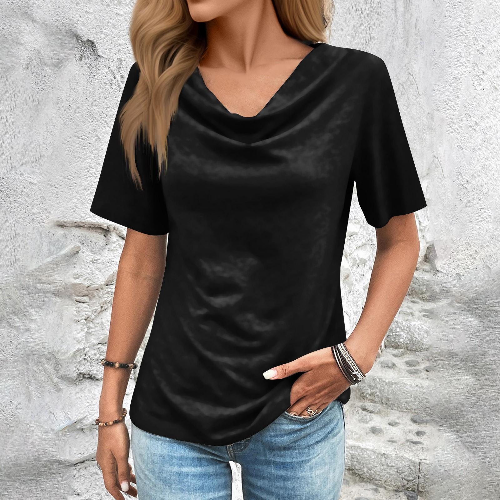 

Women s Fashion Casual Pile Neck Short Sleeve Loose Color T-Shirt M чёрный