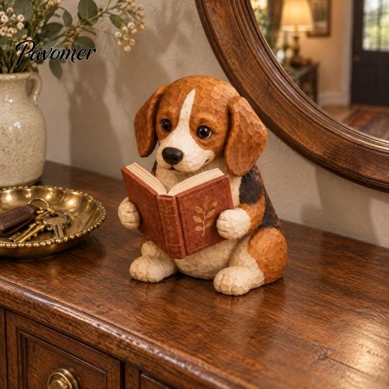 Reading Dog Decor Figurine, Cute Book Loving Puppy Sculpture for Bookshelf Nook Desk, Gift and Lovers Statue