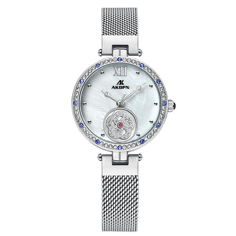 AKDPN Women s Rhinestone Mesh Watch: Elegant Mother-of-Pearl Dial, Waterproof Quartz Wristwatch