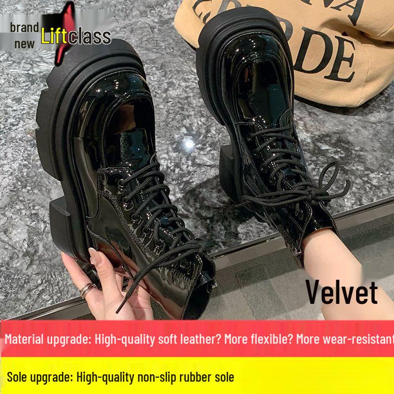 Women's Black Thick-Soled Martin Boots - 2025 Autumn British Style, Height-Increasing Round-Toe, Trendy and Versatile.