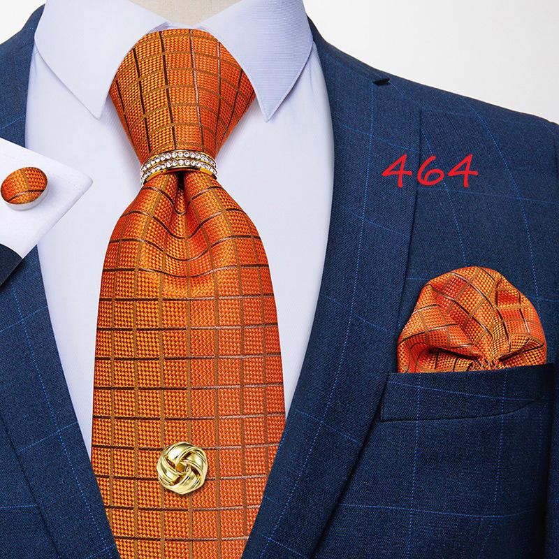Dibangu Ties for Men Orange New Design Silk Tie Mens Necktie Hanky Cufflink Alloy Ring and Tie Tack Pin Set for Formal Party