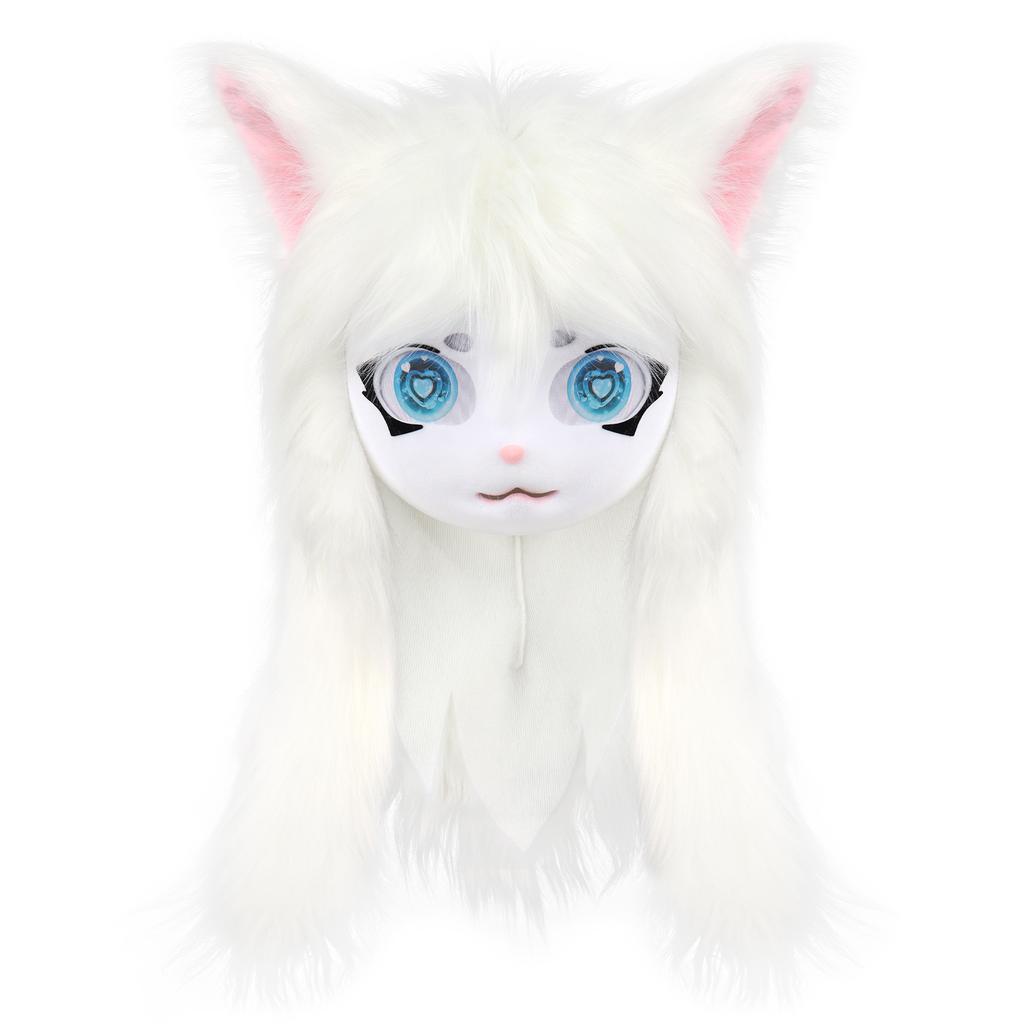 Cute Plush Furry Full Head Cat Mask Long Fur Big Heart Shaped Eyes Cosplay Costume Prop For Carnival Party Anime Role Play Coser