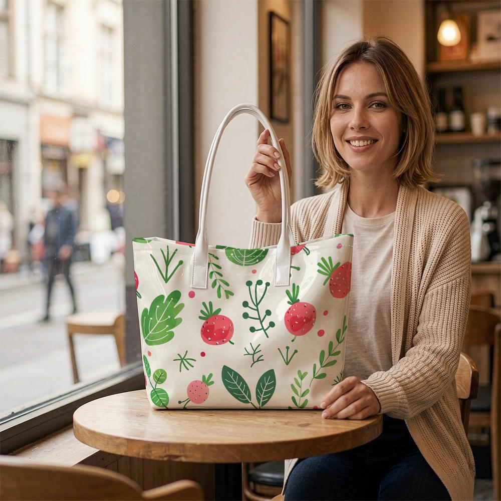 Cute Strawberry Pattern Tote Bag for Daily Shopping Travel Lightweight Portable Women Casual Handbag