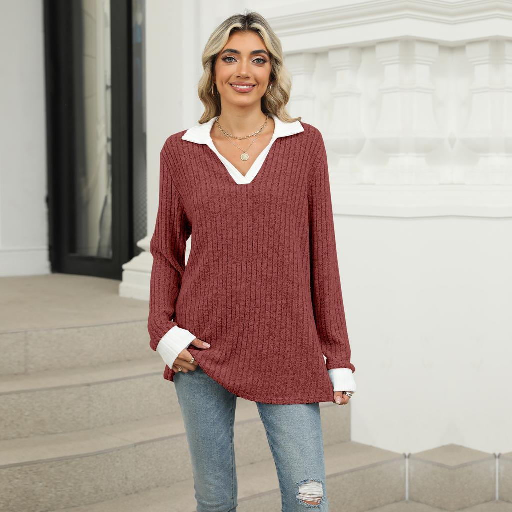 Women's V Neck Collar Long Sleeve Tunic Top Loose Fit Urban Style Color Block Ribbed Knit Casual Tee Shirt