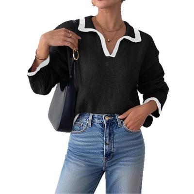 Women's Tops Women's Casual Polo Lapel Contrasting Splicing Socket Casual Loose Elegant Sweater