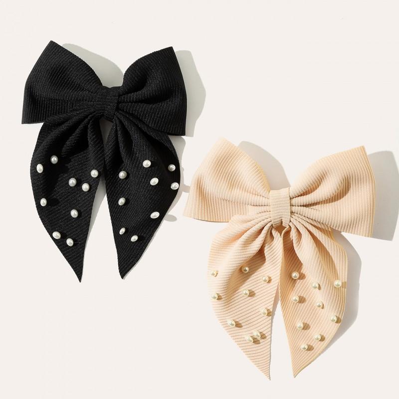 Handmade Fabric Hair Clip With Pearl Bow Ribbon Women Retro Style Back Of Head Accessory