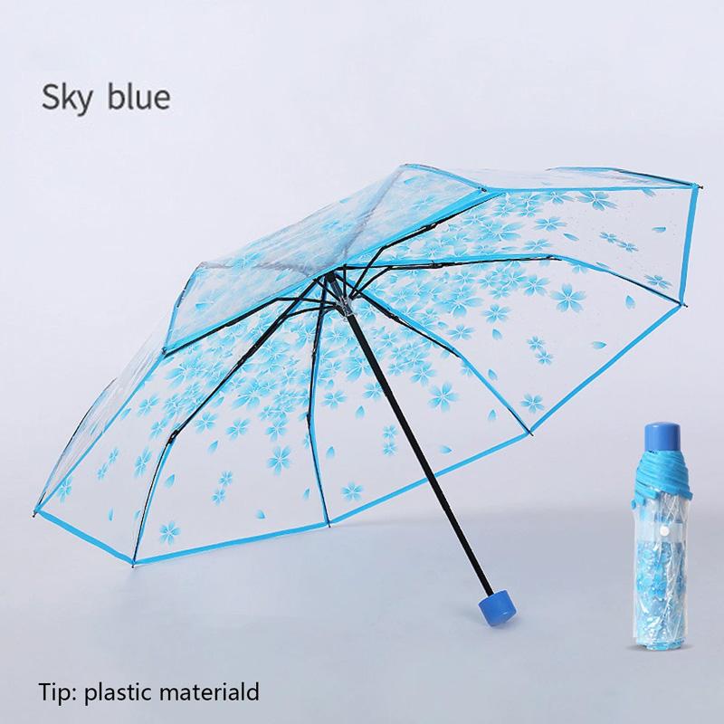 1PC Three-Fold Beauty Cherry Blossom Transparent Umbrella Rainproof Fold Umbrella Handheld Windproof