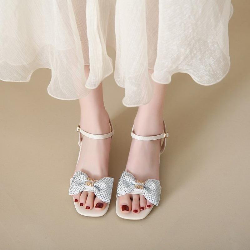 One-word buckle square head sandals women's rhinestone bow open-toed women's shoes temperament thick heel high heels pop style