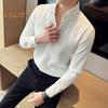 Men Spring Fall Shirt Frence Style Turn-down Collar Slim Fit Waffle Texture Single-breasted Long Sleeves Pure Color Mid Length Young Formal Business