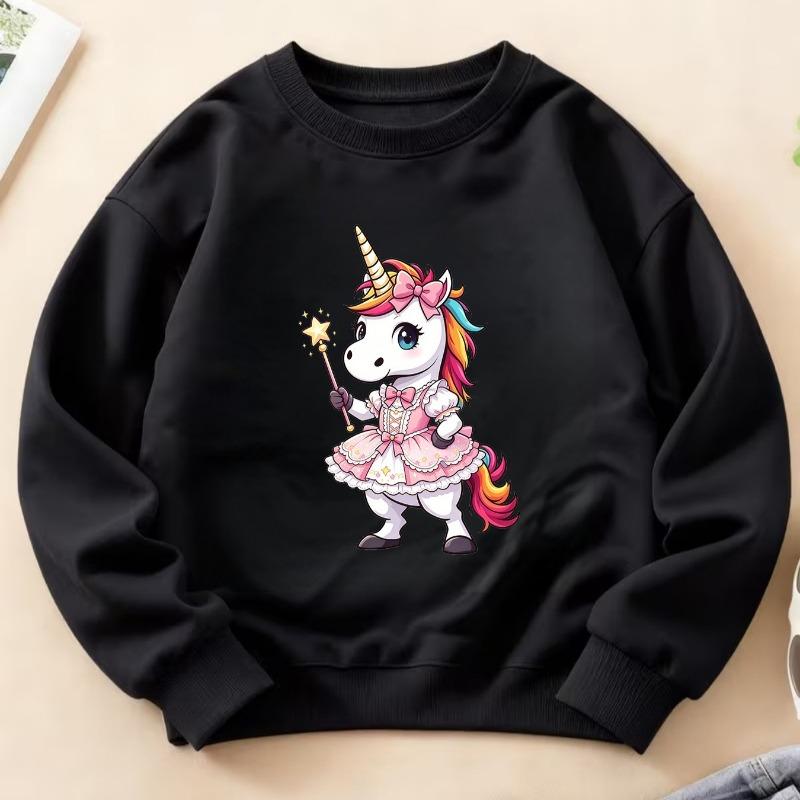 Kids Crewneck Long Sleeve Sweatshirt, Dreamy Girly Unicorn Princess & Heart Print, Stylish Top 110 чёрный