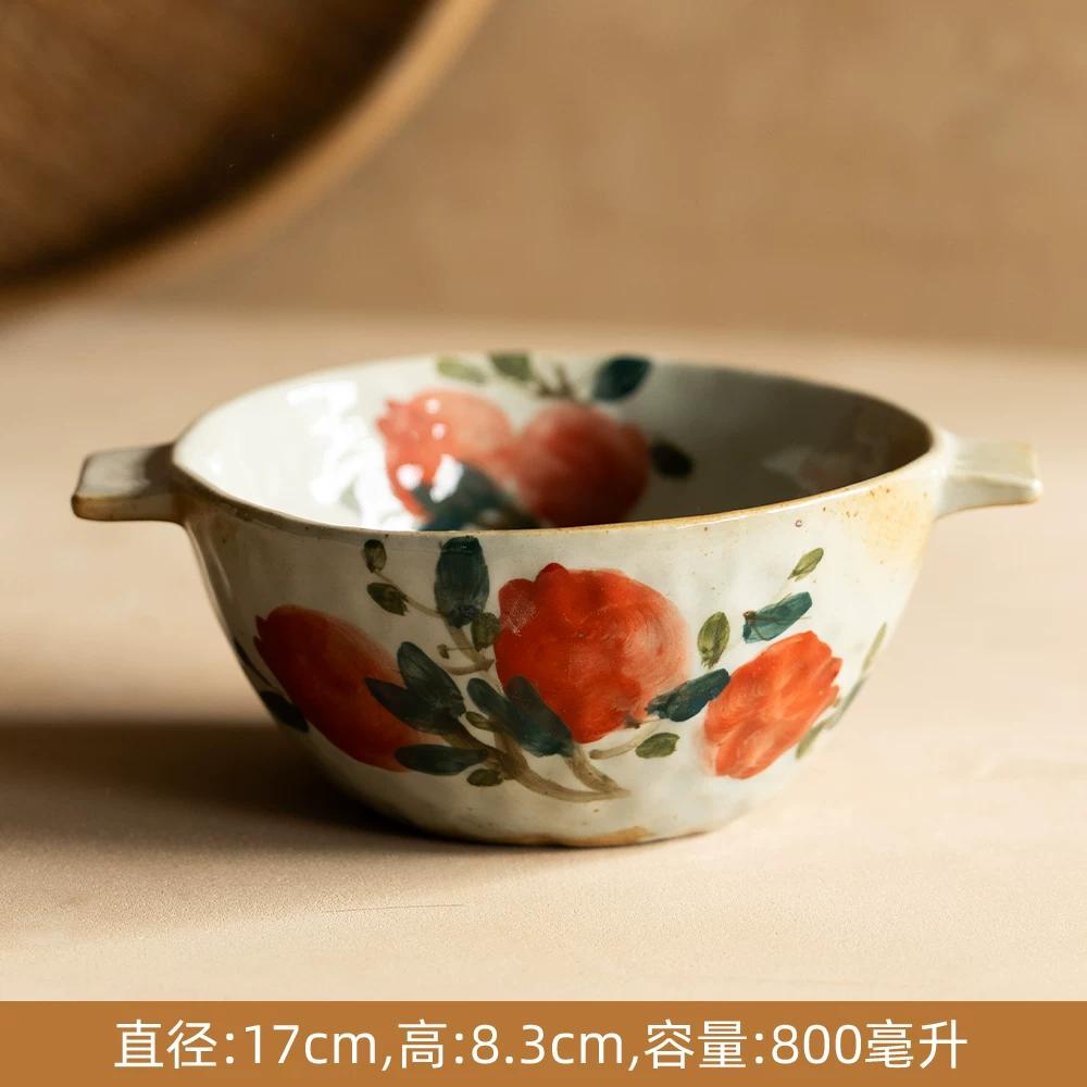 800ml Serving Bowl for Salad, Pasta, Cereal,Fruit,Creative Hand-painted Flower Ceramic Double Ear Bowl Design, Cute Fruit Plate, Household Tableware 1