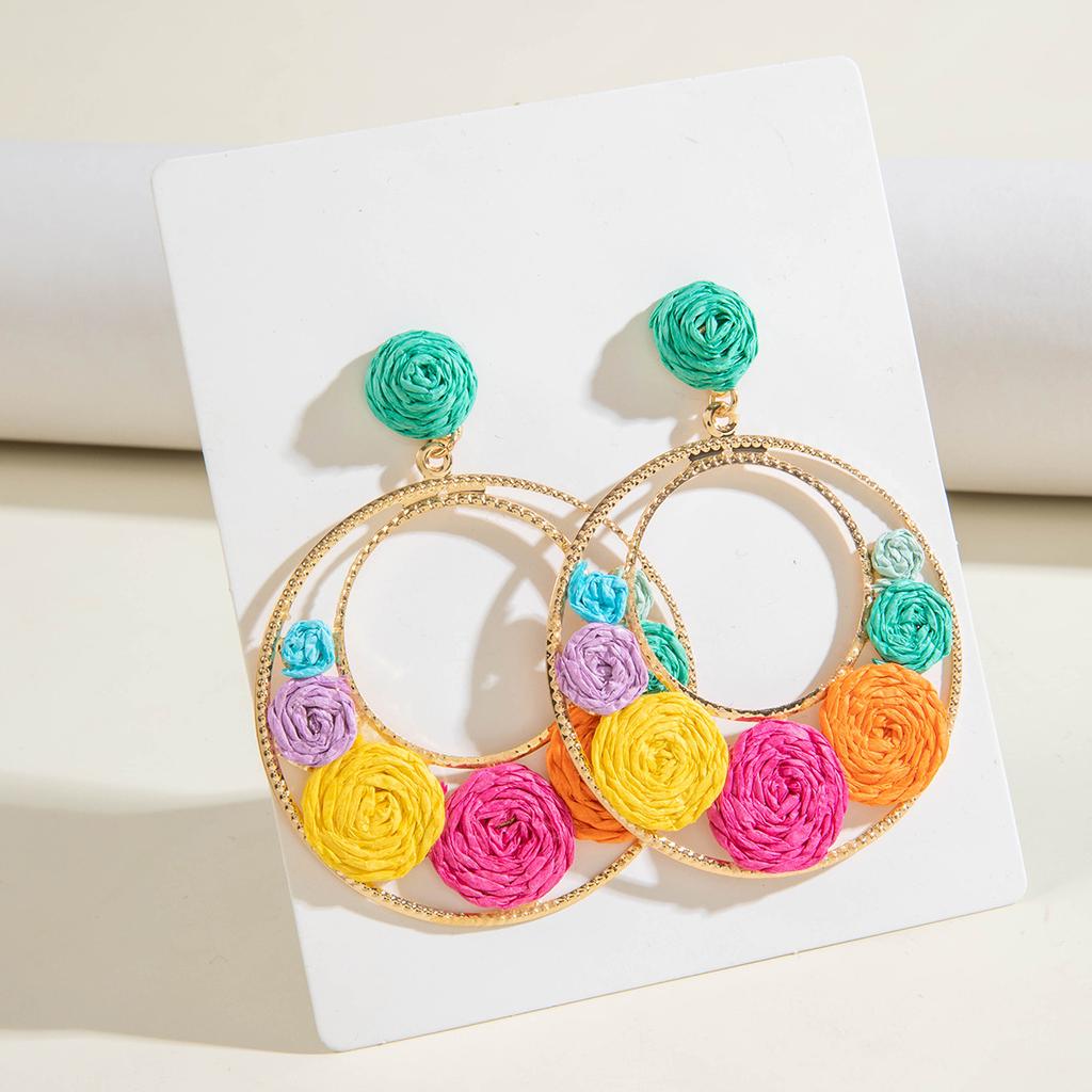 Summer hand-woven raffia stud earrings women's sweet temperament earrings pastoral atmosphere flower earrings