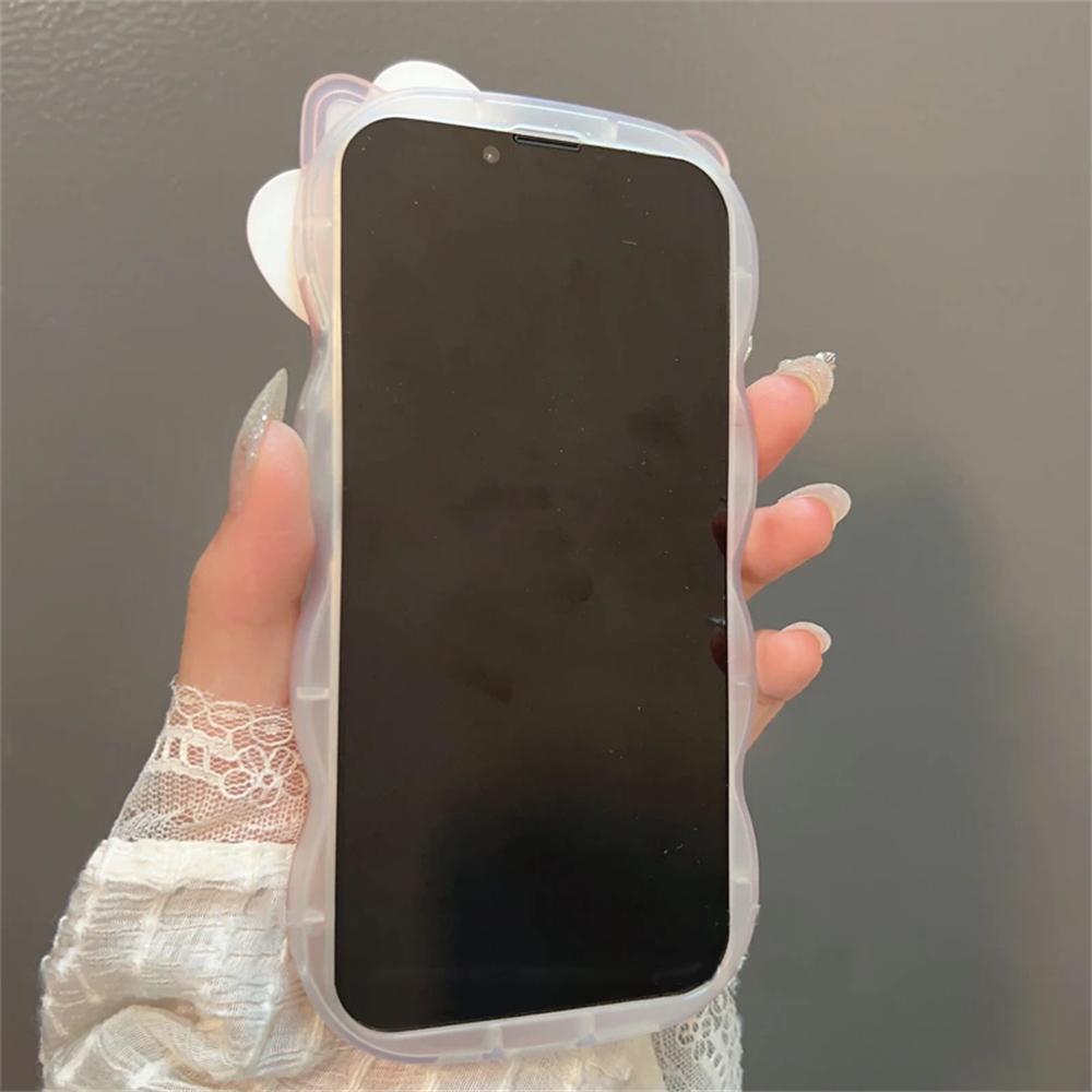 Carcasă Transparentă Roz Drăguță Coreeană cu Fundiță și Urechi de Pisică 3D, Ondulată, Pentru iPhone 17 16 15 14 13 Pro Max, Estetică Plăcută, Capac Moale Rezistent la Șocuri