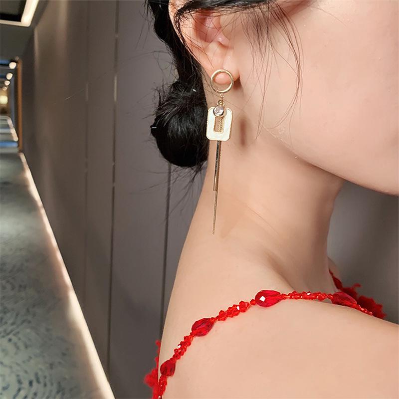 Korean Asymmetrical Long Tassel Zirconia Dangle Earrings with Silver Needle