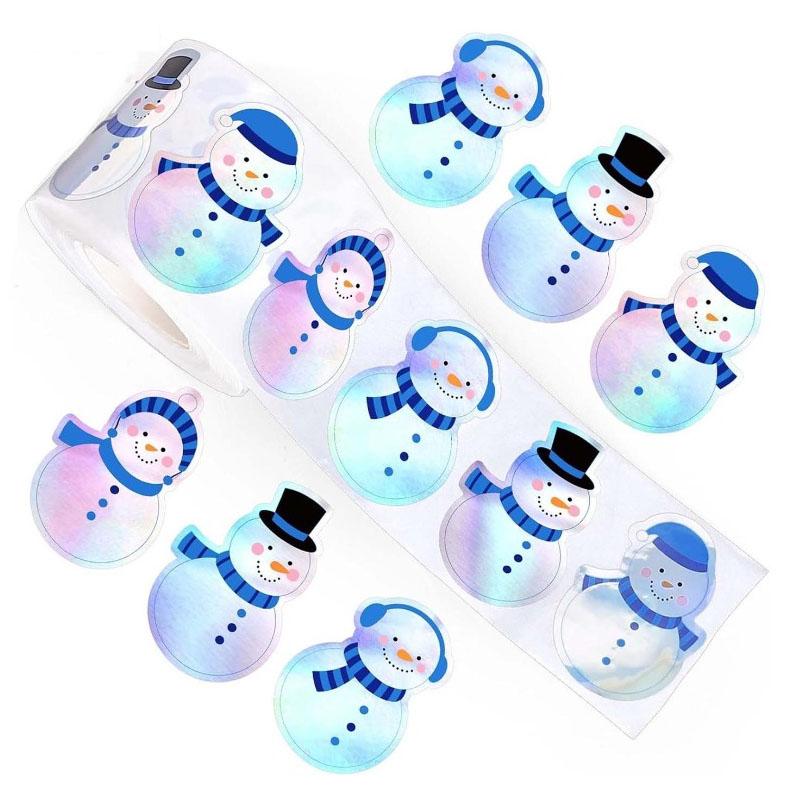 

500Pcs Winter Snowman Stickers Roll Holographic Laser Stickers Xmas Cartoon Decals for Kids Envelope Sealing Decor Party Supply 3CM