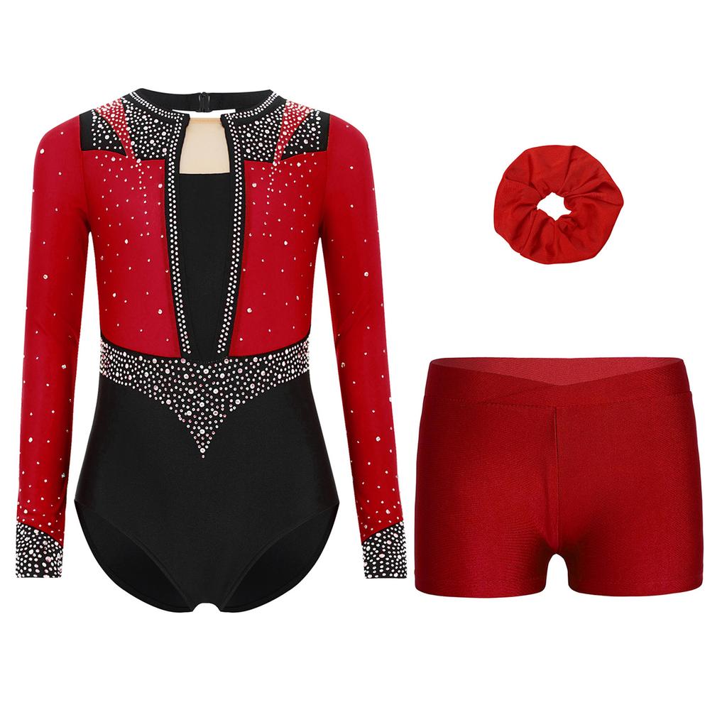 Girls Gymnastics Figure Skating Dance Set 3Pcs: Long Sleeve Keyhole Back Rhinestone Leotard with V-Front Shorts & Hair Band
