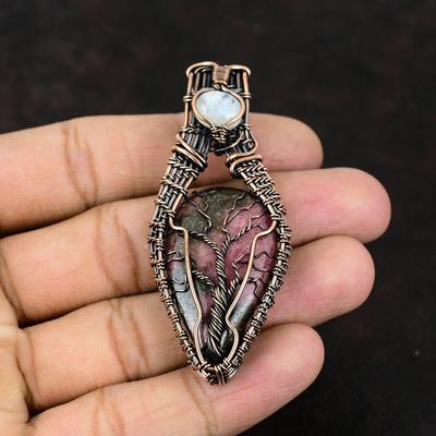 Baum des Lebens Rhodonit Kupfer Anhänger Edelstein Drahtumwickelter Anhänger Regenbogen Mondstein Schmuck Handgefertigter Anhänger Designerschmuck Geschenk für Sie