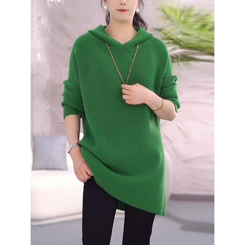 

Plus Size Hooded Knitwear: Mid-Length, Long Sleeve, Casual Loose Fit for Spring/Autumn 2026 XL зелёный