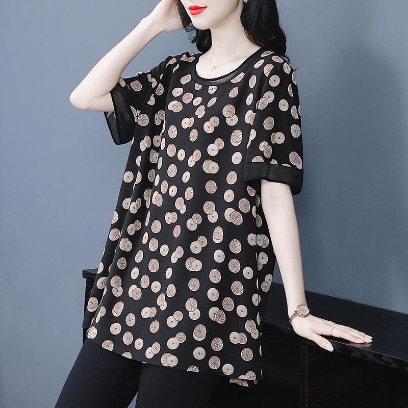 2025 Summer Print Loose Plus Size Chiffon Shirt for Middle-Aged Women