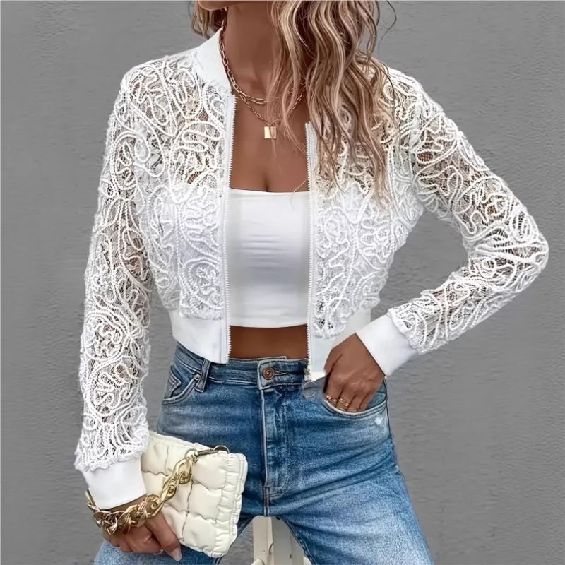 Cappotto Corto in Pizzo da Donna Primavera ed Estate Sottile Cardigan con Zip Manica Lunga Slim Moda Versatile Top Monocolore