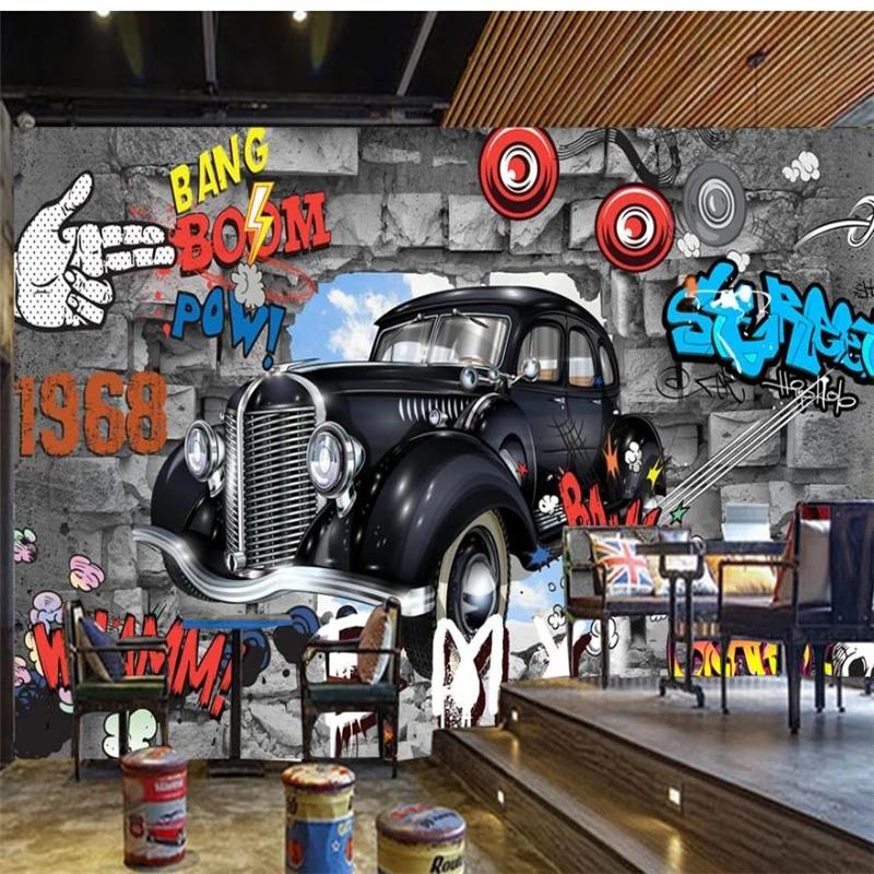 Large Wall Murals Retro European 3D Brick Wall Mural Car Graffiti Mural Wallpaper