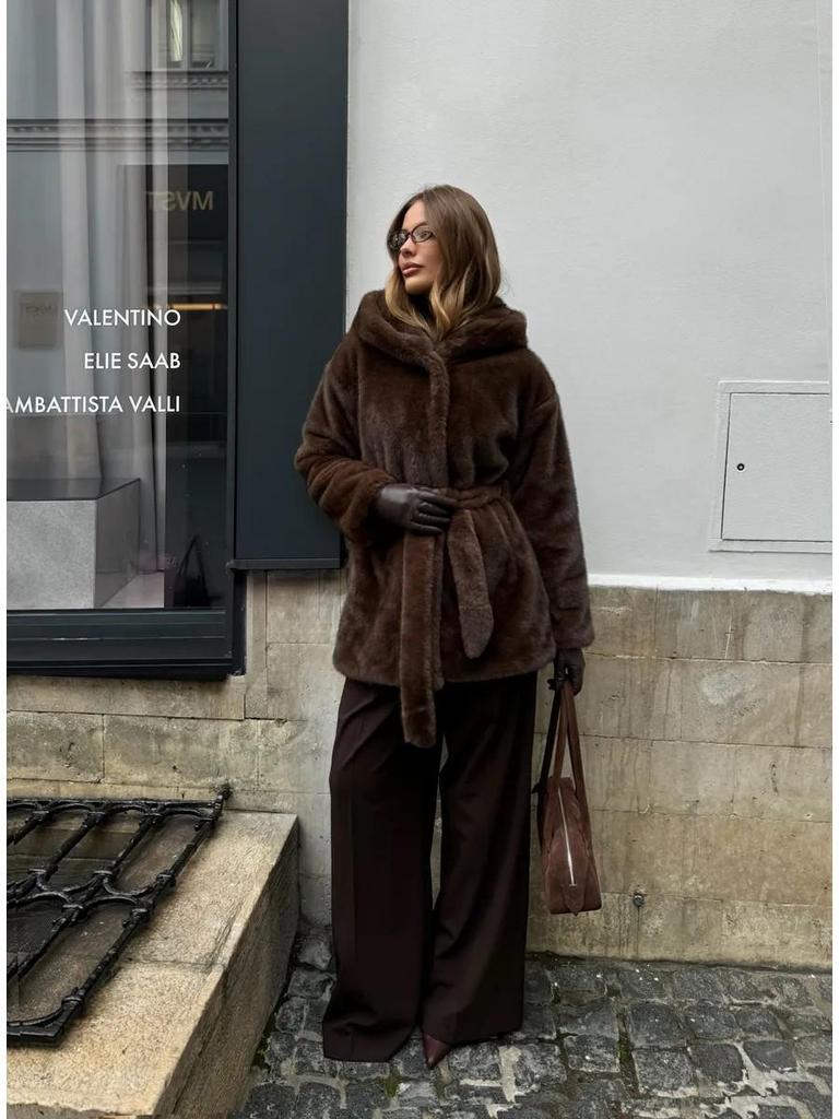 Women's Mid-Length Hooded Eco-Friendly Faux Mink Fur Coat with Belt