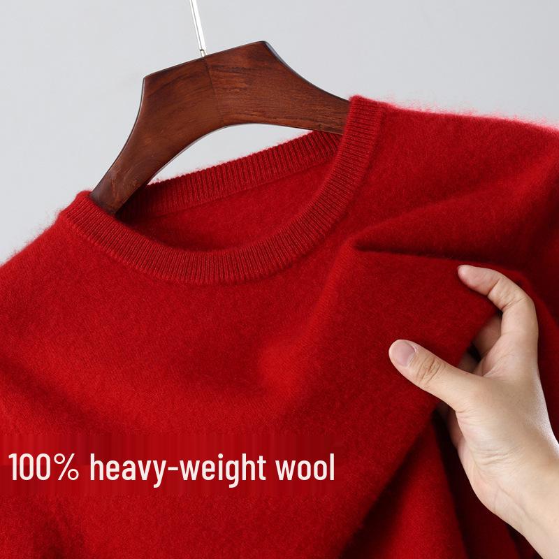 Men's 100% Wool Round Neck Loose Casual Sweater - Thickened Long Sleeve Knitwear