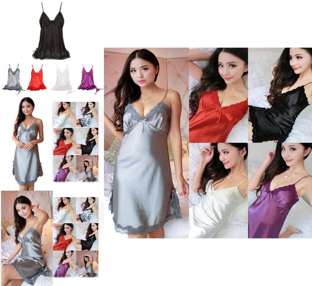 Sexy Lace Women Night Dress Nightwear Mini Deep V Straps Skirts Sleepwear Silk