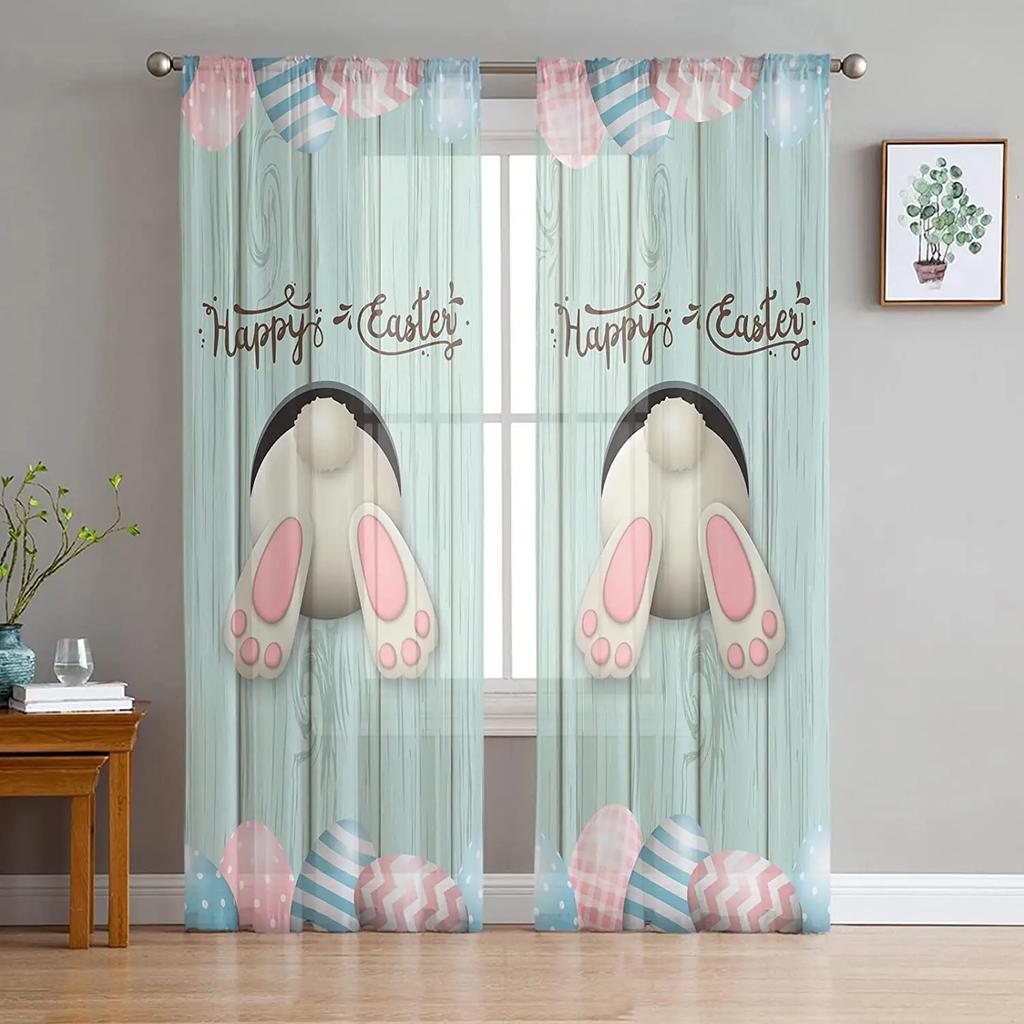 Easter Bunny Tail Wood Curtain Colorful Eggs Happy Transparent Voile Curtains Living Dining Room Bedroom Drapes Light Filtering For Sleeping Area