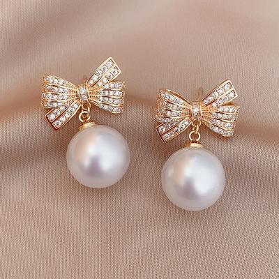 Elegant Fashion Imitation Pearl Drop Earrings for Women Vintage Golden Color Crystal Bow Dangle Earrings Korean Trendy Jewelry