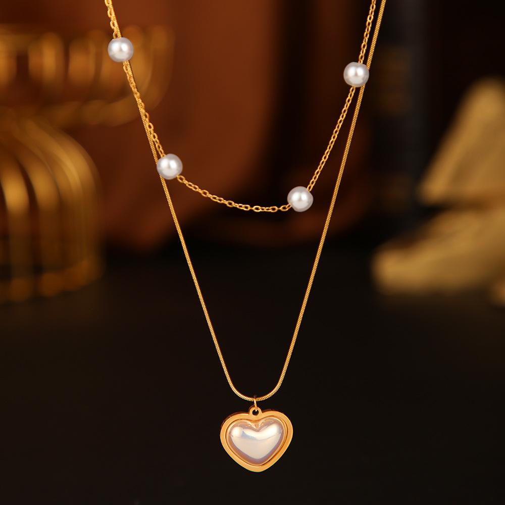 Design Temperament Versatile Love Collarbone Chain Double Pearl Necklace