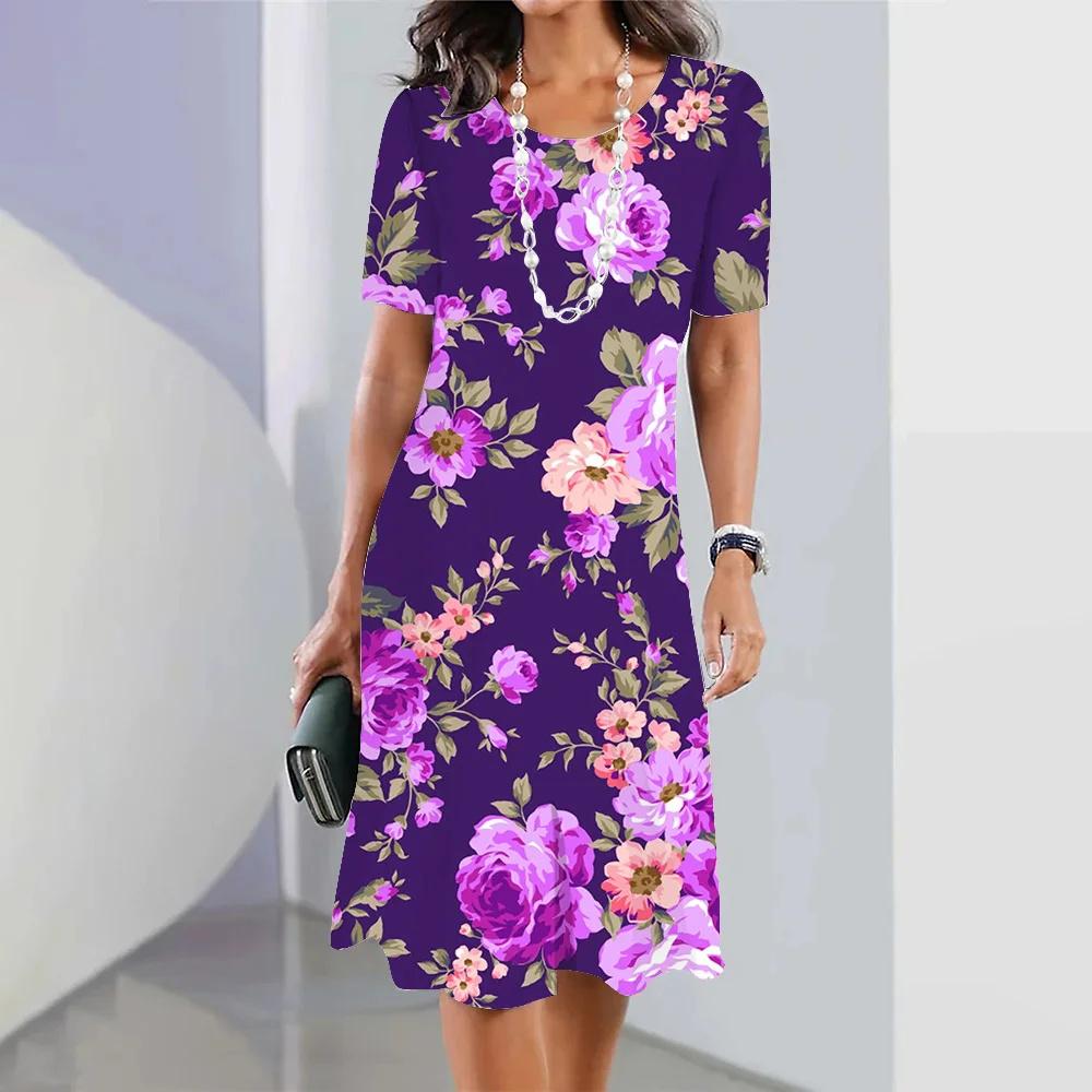 2026 Summer Women's 3d Floral Print Dress Elegant and Beautiful Casual Round Neck Dress