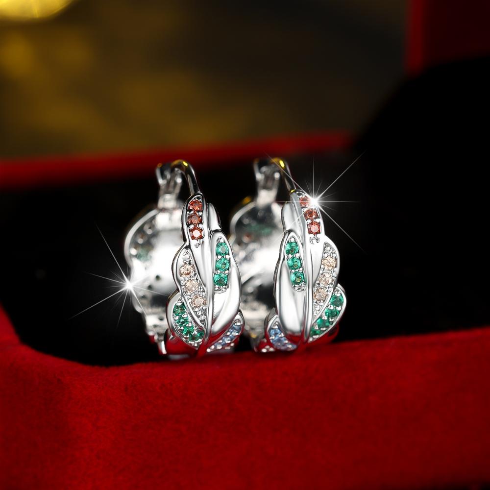 Fashion Rainbow Zircon Leaf Hoop Earrings for Women Silver Color Circle Earrings Trending Wedding Party Jewelry