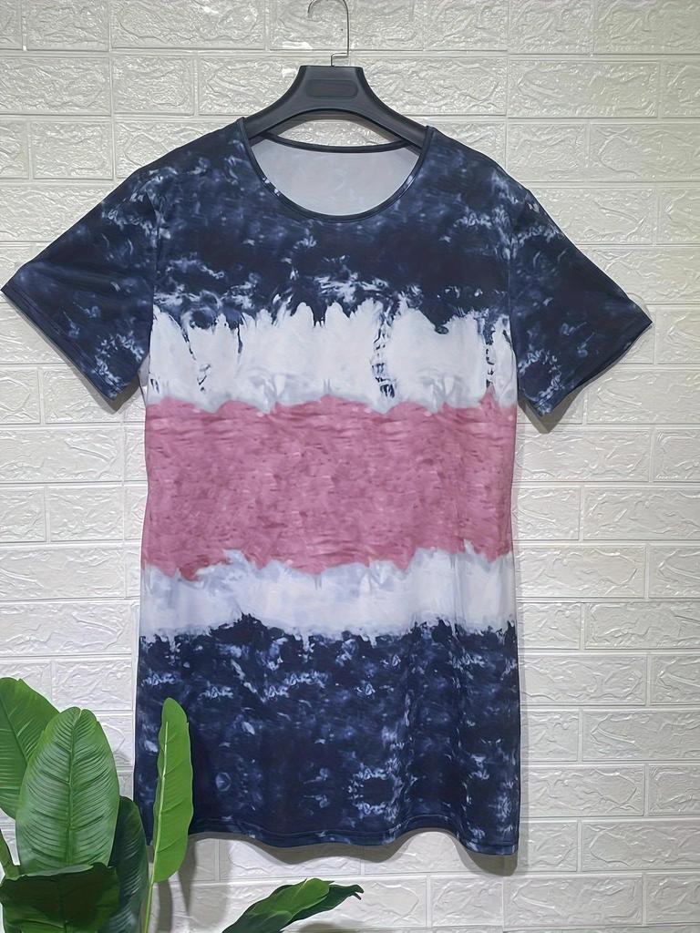 2025 European and American Plus Size Women's Tie-Dye Print Casual Short-Sleeve Round Neck Dress