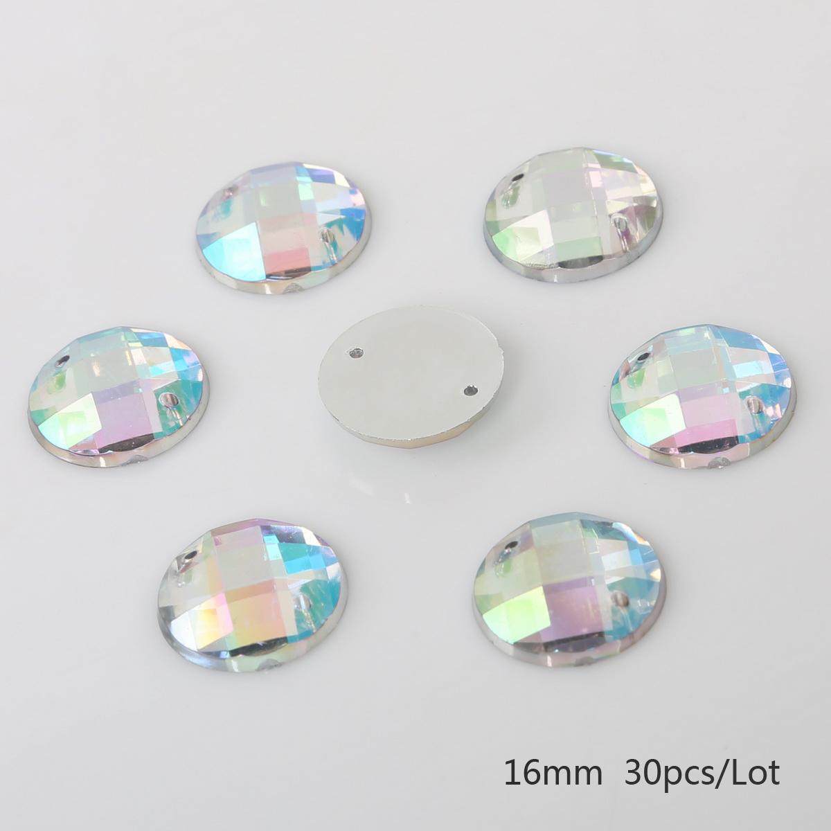 

Вышивание акриловых стразов с плоской задней частью, два отверстия, пришивные стразы, хрустальные камни для DIY, украшение для свадебного платья, одежды 16mm 30pcs разноцветный/белый