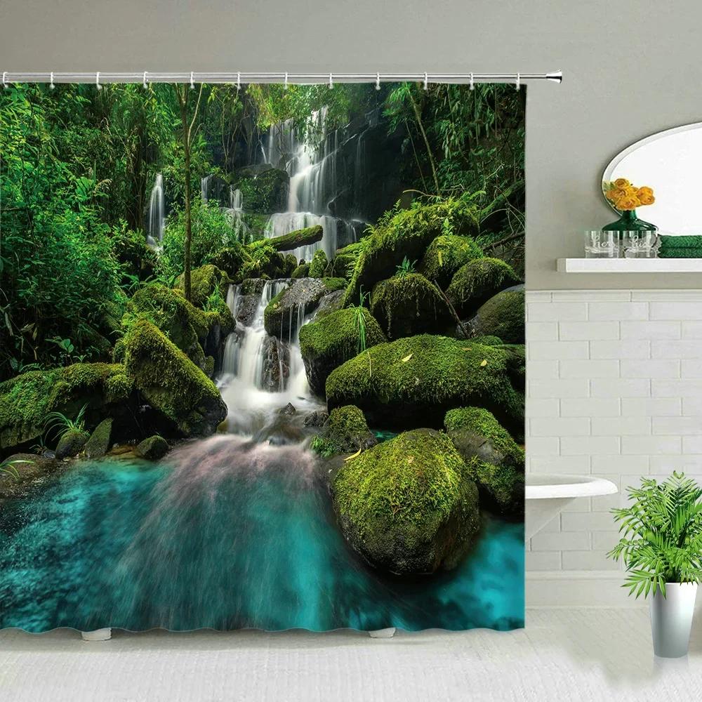 

Водоспад Літній Пейзаж Шторки для Душу Лісові Дерева Тропічний Пейзаж Джунглів Завіса для Ванної Кімнати Декор Стіни з Гачком W90XH180cm