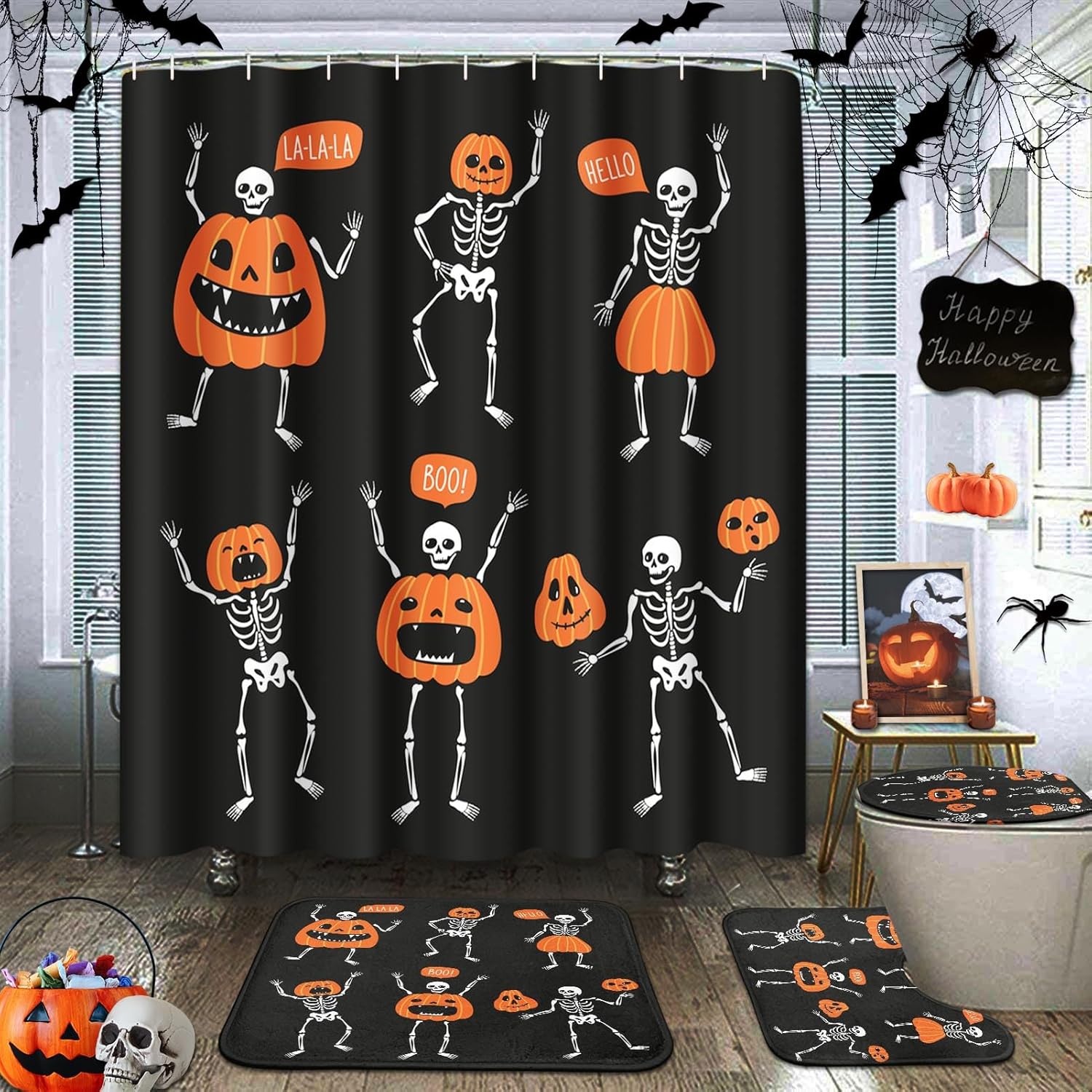

Halloween Shower Curtain Sets With Rugs Halloween Skeleton And Pumpkins Bathroom Set With Non-Slip Rug, Toilet Lid Cover W60H190(CM)-1 Pcs