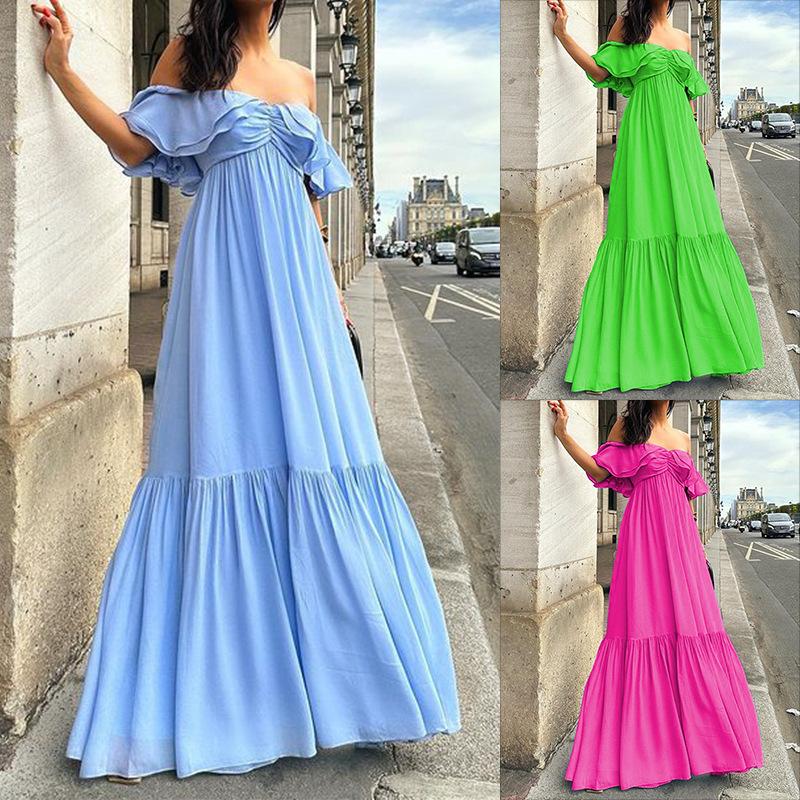 Summer new women's elegant solid color off-shoulder strapless midi dress