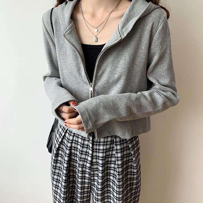 

Polyester fiber 9 elastane zipper hooded solid color shirt women s autumn and winter long-sleeved thin coat 3XL сірий колір