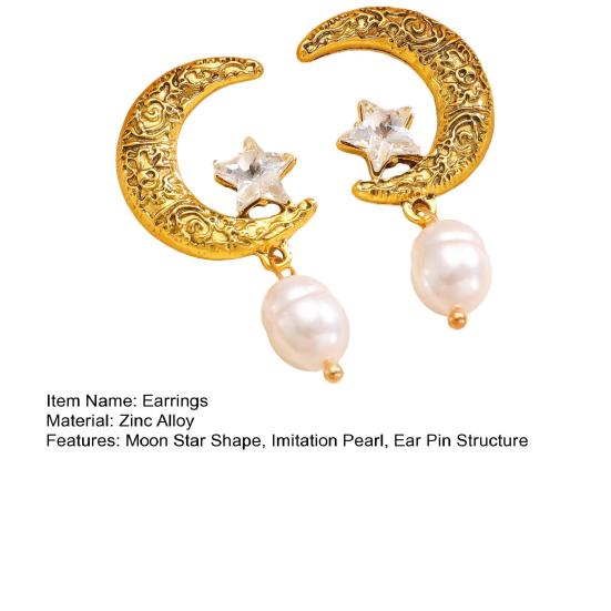 1 Pair Women Earrings Ear Pin Structure Star Moon Design Drop Earrings with Imitation Pearl Pendants Jewelry Set