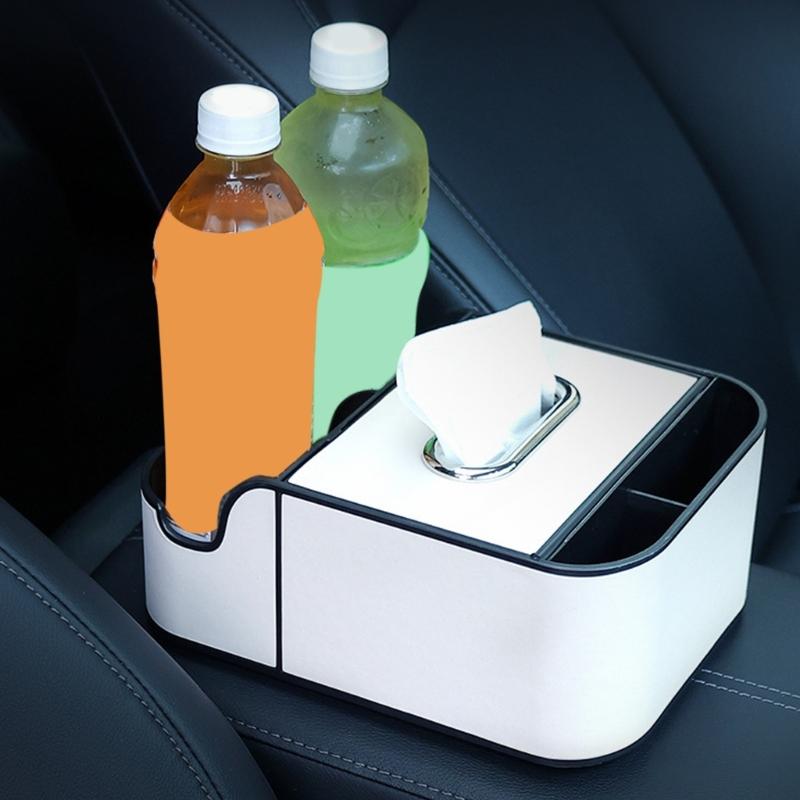 Car Interior Storage Box Leather Organizer Tray Car Center Console Armrest Extra Storage Box Tissue Holder 2 Cup Holders