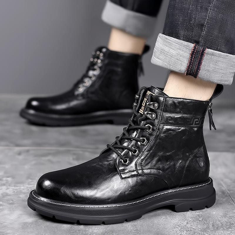 Men's Boots Autumn and Winter British Style Cowhide Boots Casual Workwear Boots Thick Soled Leather Boots with Plush Cotton Boot