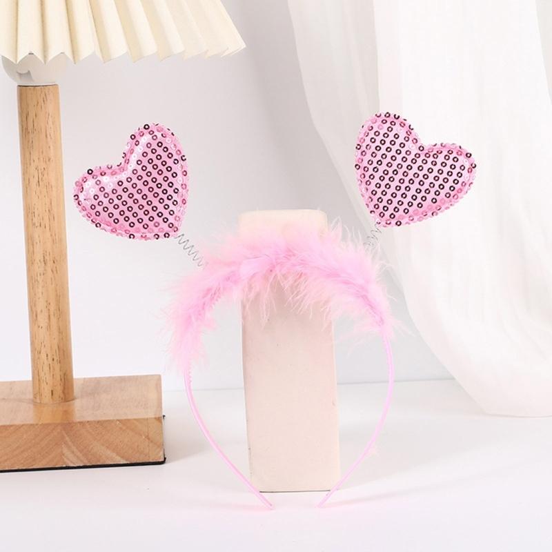 Sequins Heart Hairband Vintage Headband with Feather for Woman Valentines Party
