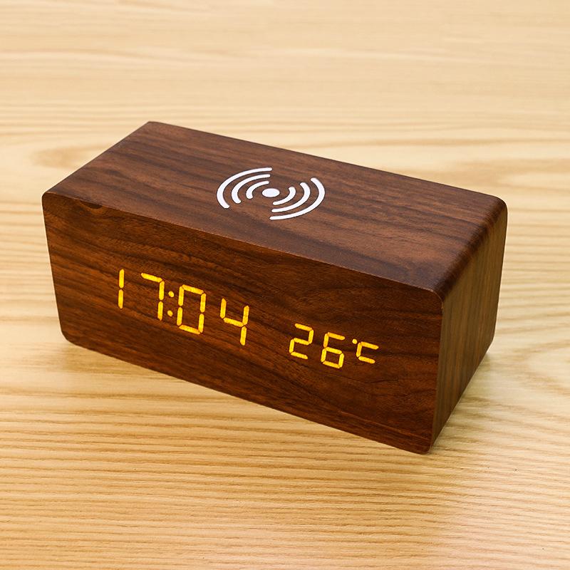 Intelligent Wireless Charging Clock Temperature Hygrometer Electronic Alarm Clock Digital Wooden Electronic Clock