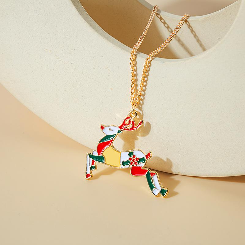 Christmas Cartoon Oil Dripping Elk Snowman Bell Necklace, Creative Design Gift Pendant Female