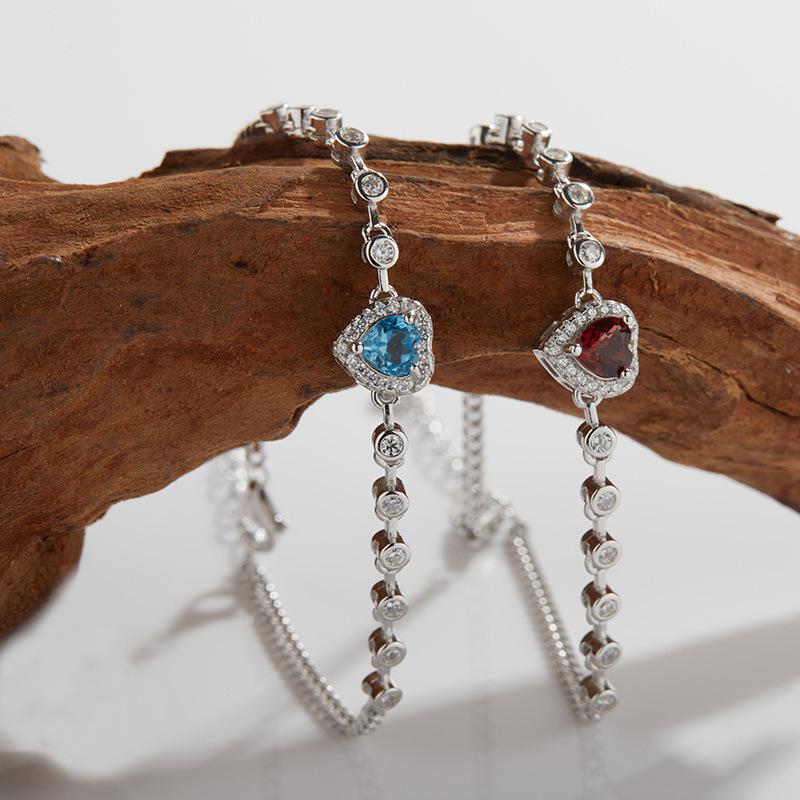 Heart-Shaped Natural Topaz Colored Garnet Inlaid S925 Sterling Silver With Diamonds Love Bracelet Women'S Model