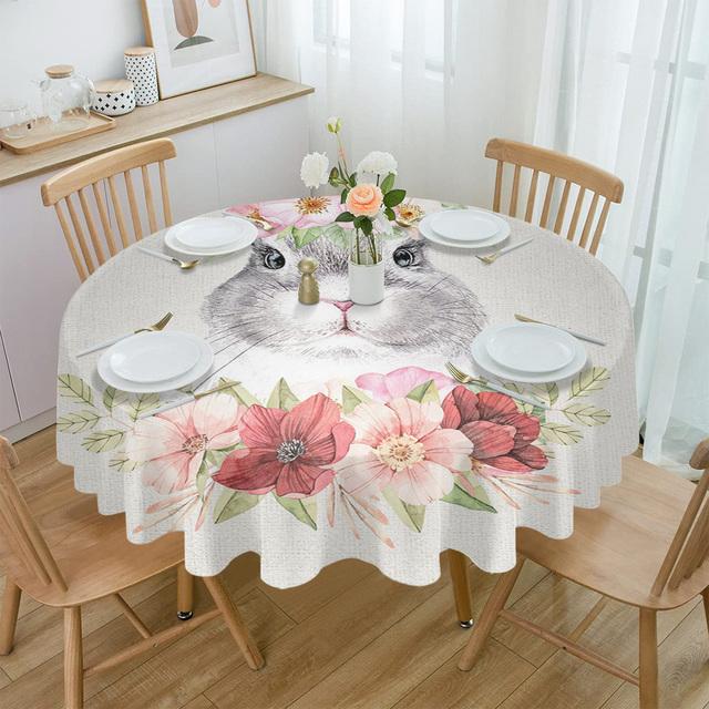 Easter Watercolor Rabbit Flower Round Table Cloth Festival Dining Waterproof Tablecloth Table Cover For Wedding Party Decor