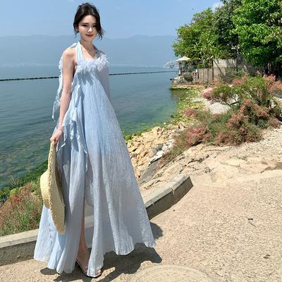 Light Luxury Niche Loose Blue Neck Morning Robe Three-dimensional Flower Beach Vacation Dress Dress Bridal Dress Women