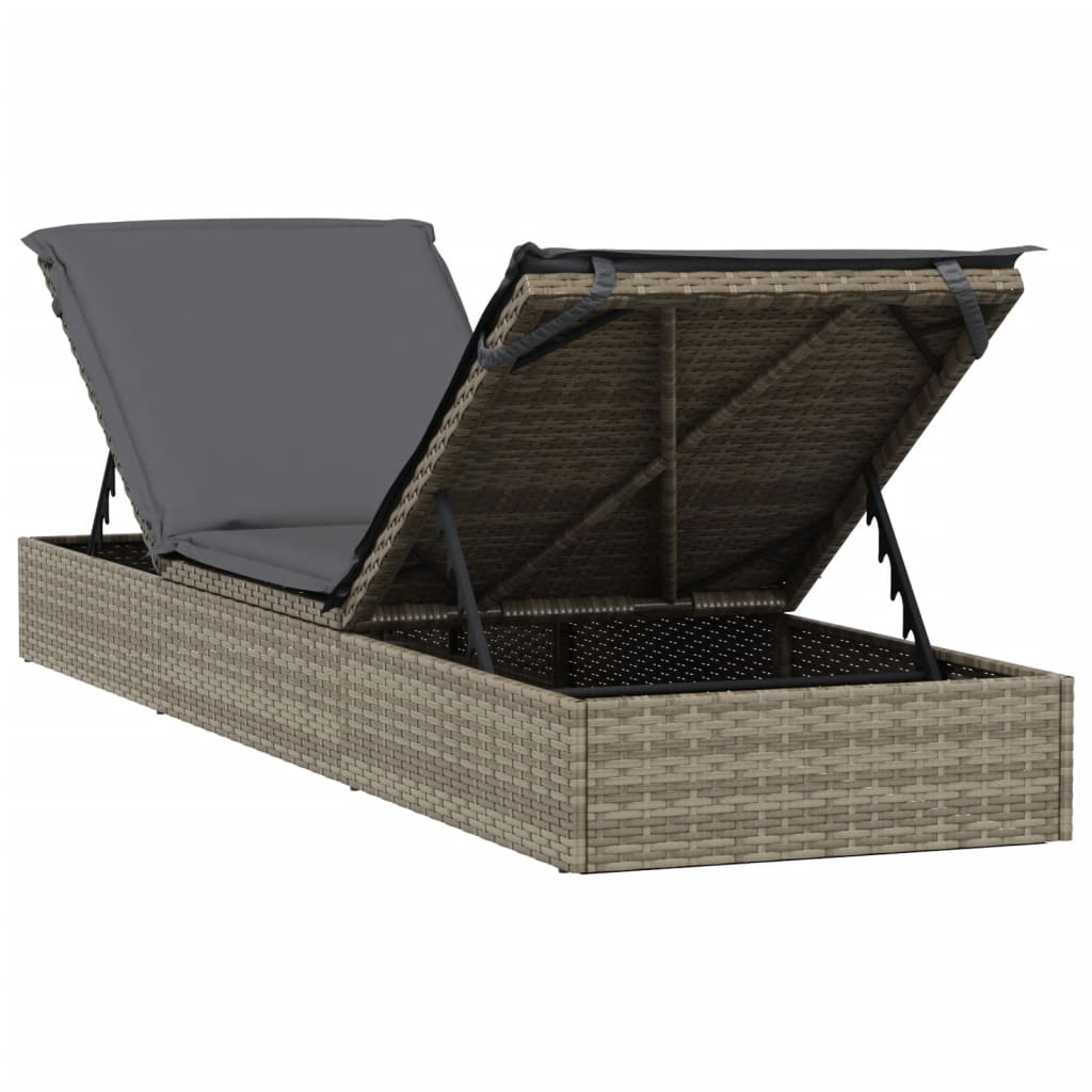 Vidaxl Sun Lounger With Cushion, 1 Pc, Gray, 201X55X62 Cm, Poly Rattan